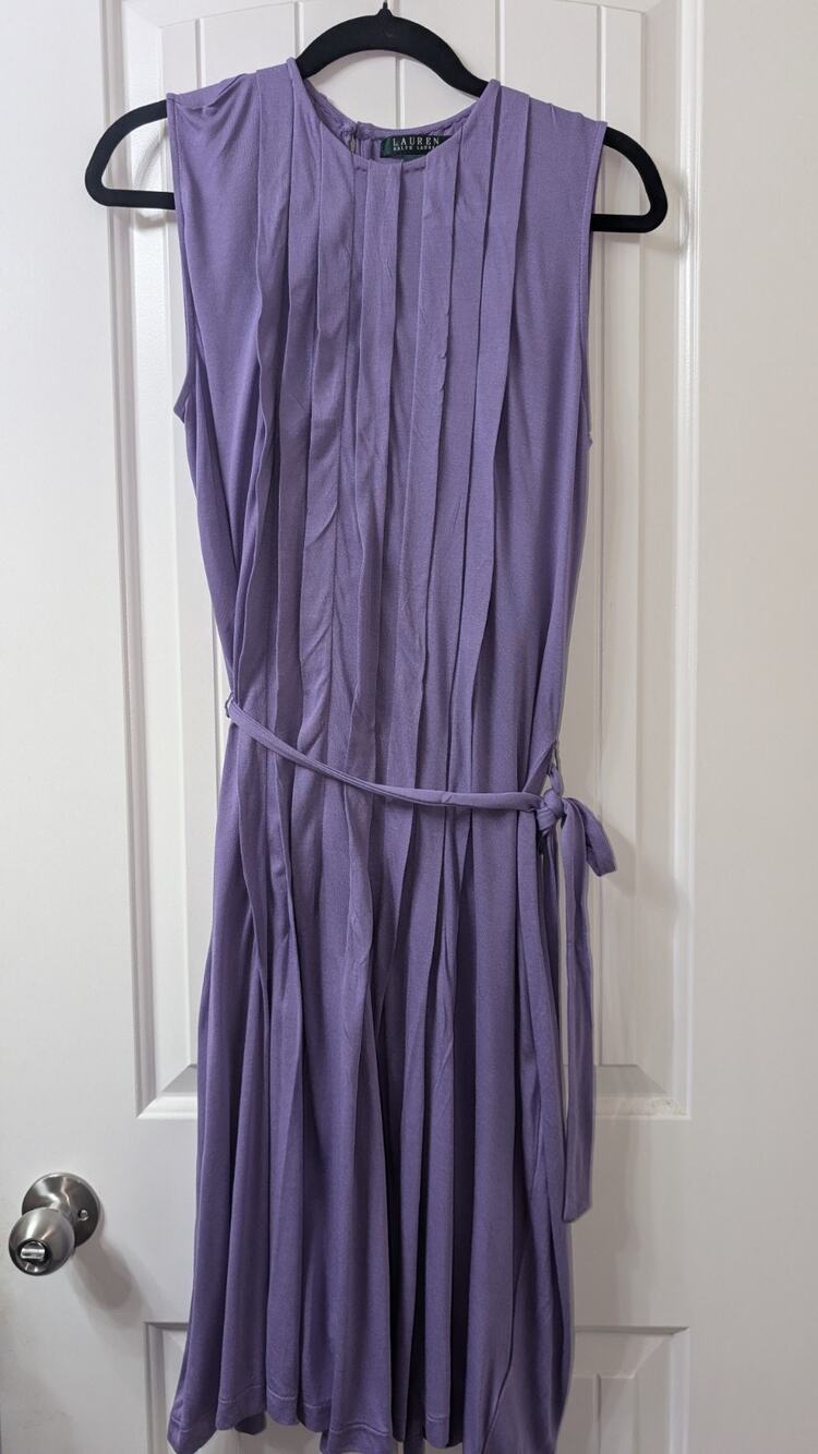 Lauren Ralph Lauren Purple Pleated Sleeveless Midi Dress Round Neck Zip M
